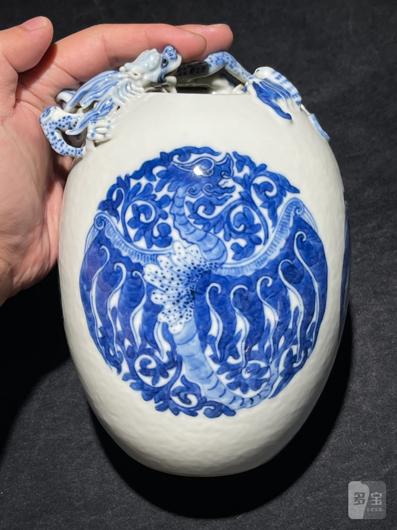 清晚期 青花团凤纹堆塑龙纹水盂 - 图4